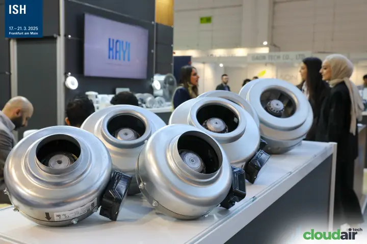 Row of Kayi circular inline duct fans with visible impellers
