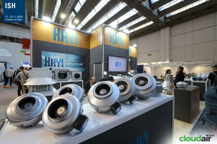 Row of Kayi galvanised inline circular duct fans at ISH 2025