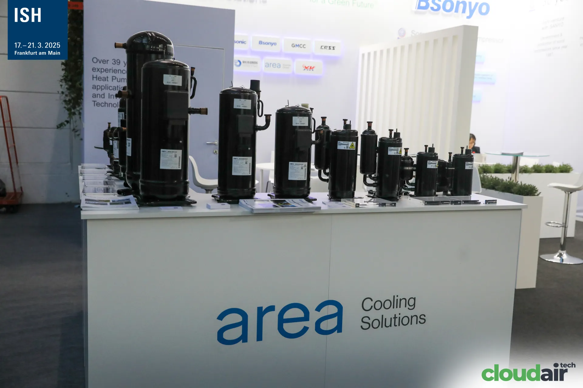 Row of scroll and rotary compressors on the area Cooling Solutions counter at ISH 2025
