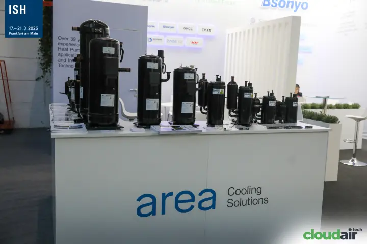 Row of scroll and rotary compressors on the area Cooling Solutions counter at ISH 2025