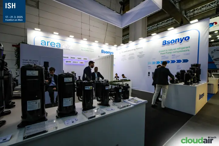 Rows of black heat pump compressors on the Bsonyo and Area Cooling Solutions stand at ISH 2025