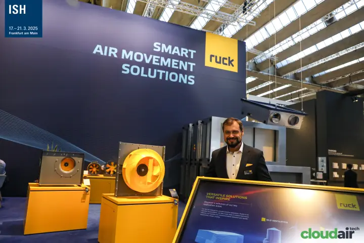 Ruck centrifugal fans on yellow pedestals beside the touchscreen at ISH 2025