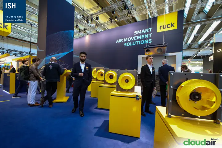 Ruck centrifugal fans on yellow plinths below the Smart Air Movement wall at ISH 2025