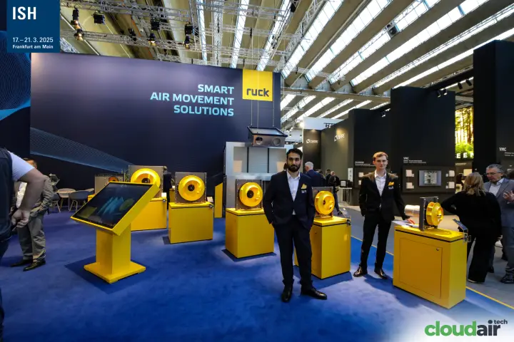 Ruck fan display with yellow touchscreen kiosk at ISH 2025