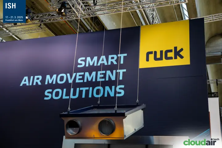 Ruck logo and slogan with a suspended compact ventilation unit at ISH 2025