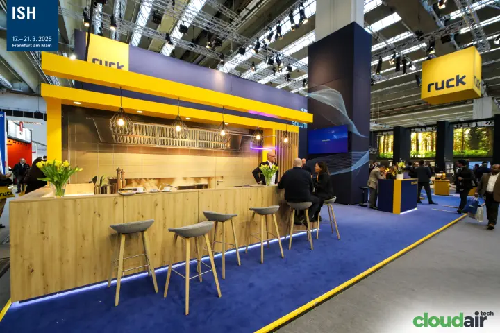 Ruck stand bar styled as a commercial kitchen with extraction hood at ISH 2025