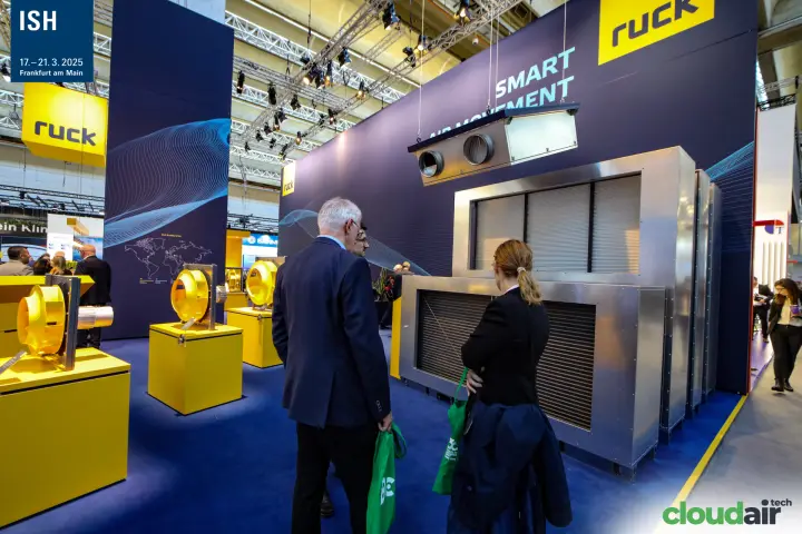 Ruck stand with stainless ventilation units and yellow fan plinths at ISH 2025