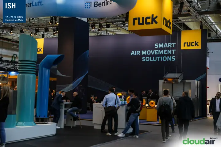 Ruck stand with yellow hanging cube and 'Smart Air Movement Solutions' wall at ISH 2025