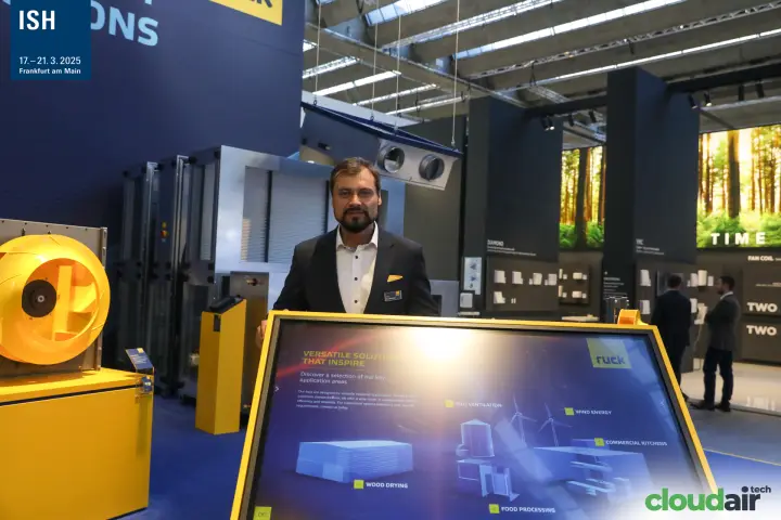 Ruck touchscreen showing application areas from silo ventilation to wood drying at ISH 2025