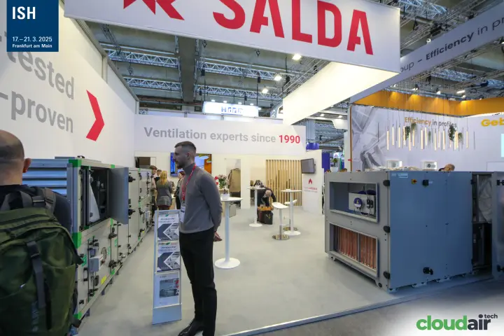 Salda units with open doors and AmberAir brochures at ISH 2025