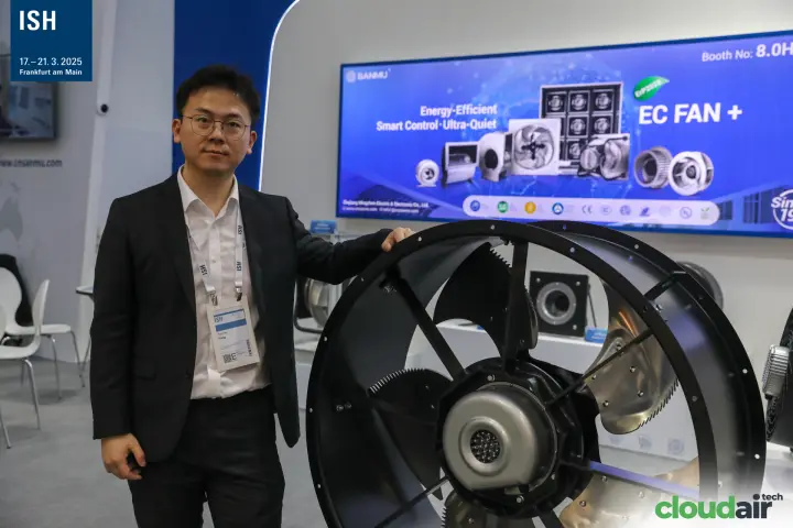 Sanmu representative beside a large EC axial fan
