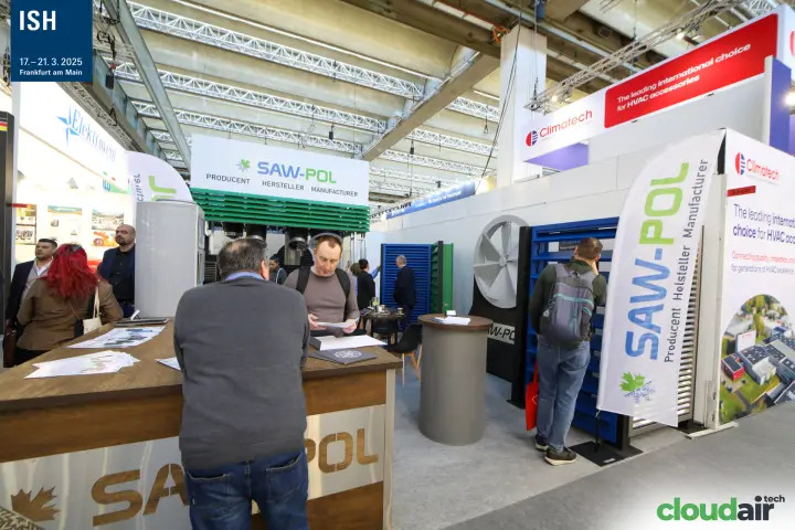 SAW-Pol stand with louvres, an axial fan and visitors at the counter at ISH 2025