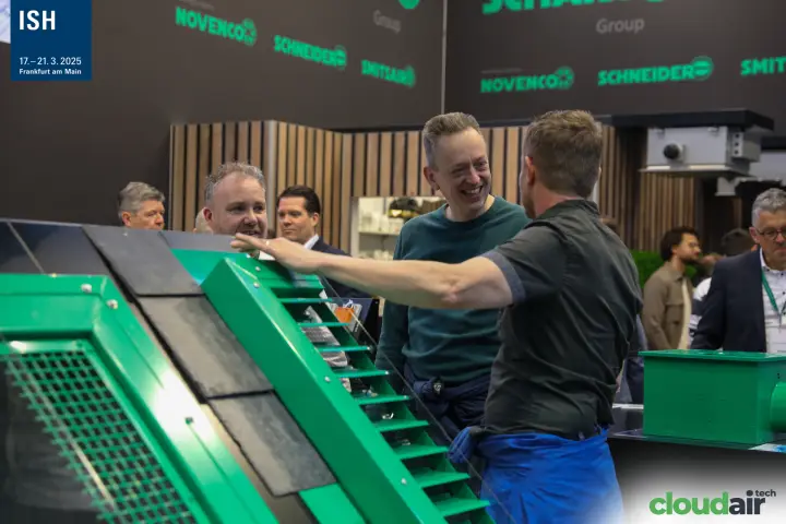 Schako Group stand with green louvre and Novenco, Schneider, SmitsAir logos at ISH 2025