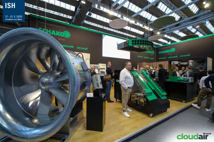 Schako Group stand with a large axial fan and green Smitsair unit at ISH 2025