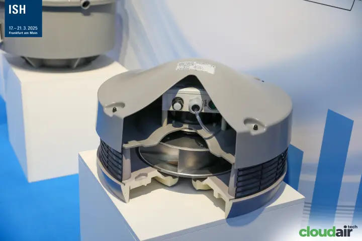 Sectioned Mietzsch roof fan revealing its impeller and terminal box