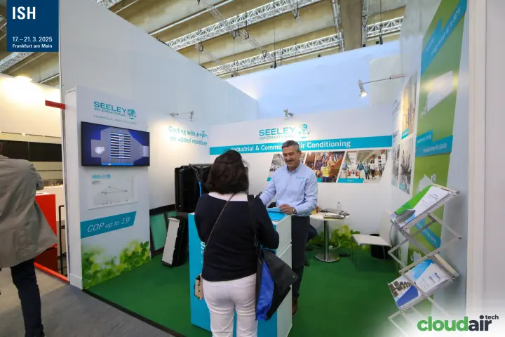 Seeley International evaporative cooling stand with "COP up to 19" at ISH 2025