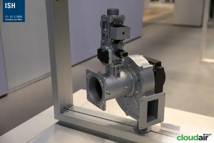 Side view of an ebm-papst gas blower and valve assembly in a frame at ISH 2025