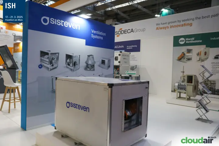Sisteven cabinet fan in front of the Sodeca Group and Marelli displays at ISH 2025