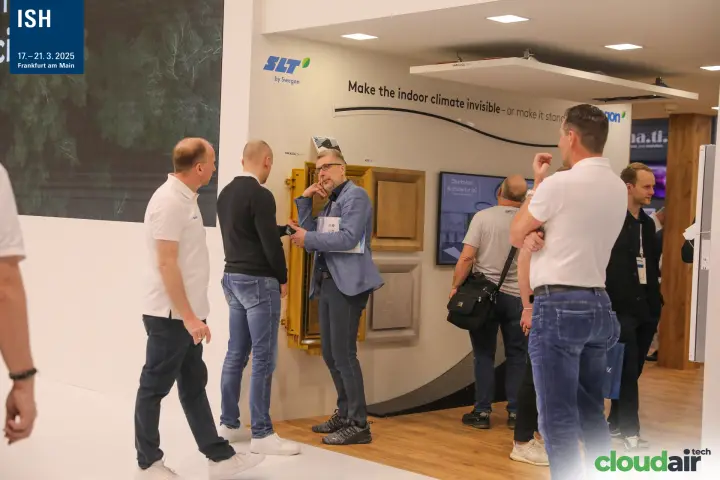 SLT by Swegon display wall with decorative ceiling air terminal panels at ISH 2025