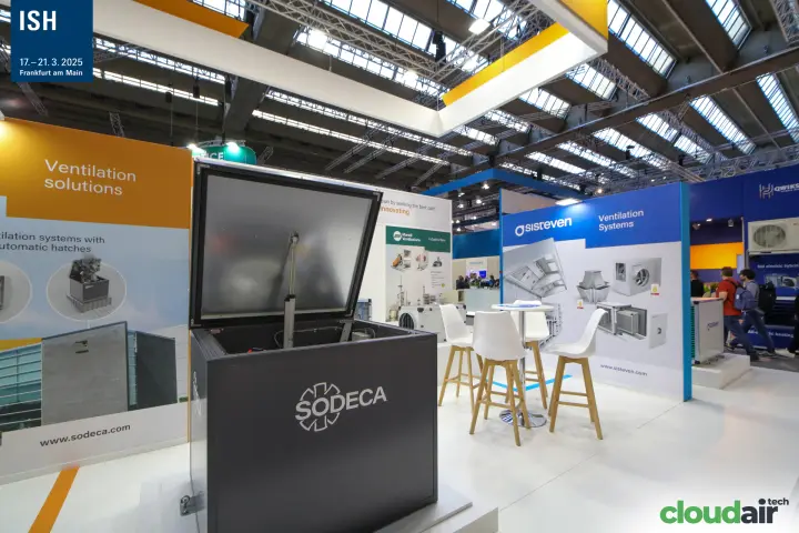 Sodeca automatic-hatch ventilation unit beside Sisteven and Marelli panels at ISH 2025