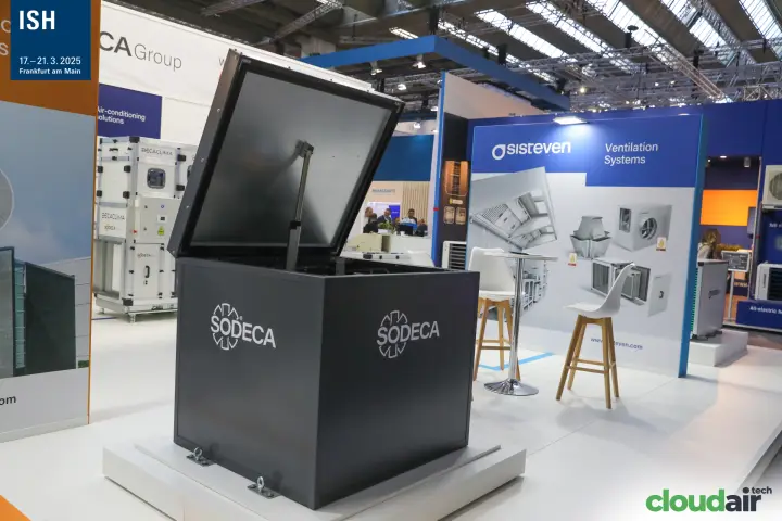 Sodeca charcoal enclosure with raised lid beside the Sisteven wall at ISH 2025