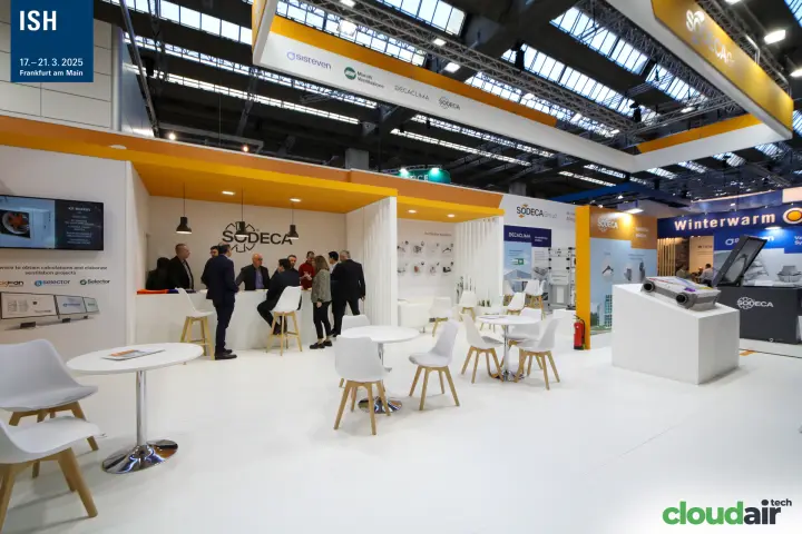 Sodeca Group stand with bar, seating area and Airhome unit on plinth at ISH 2025