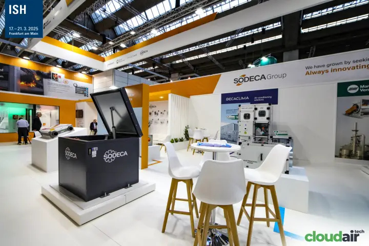 Sodeca Group stand with open hatch unit and Decaclima air handling unit at ISH 2025