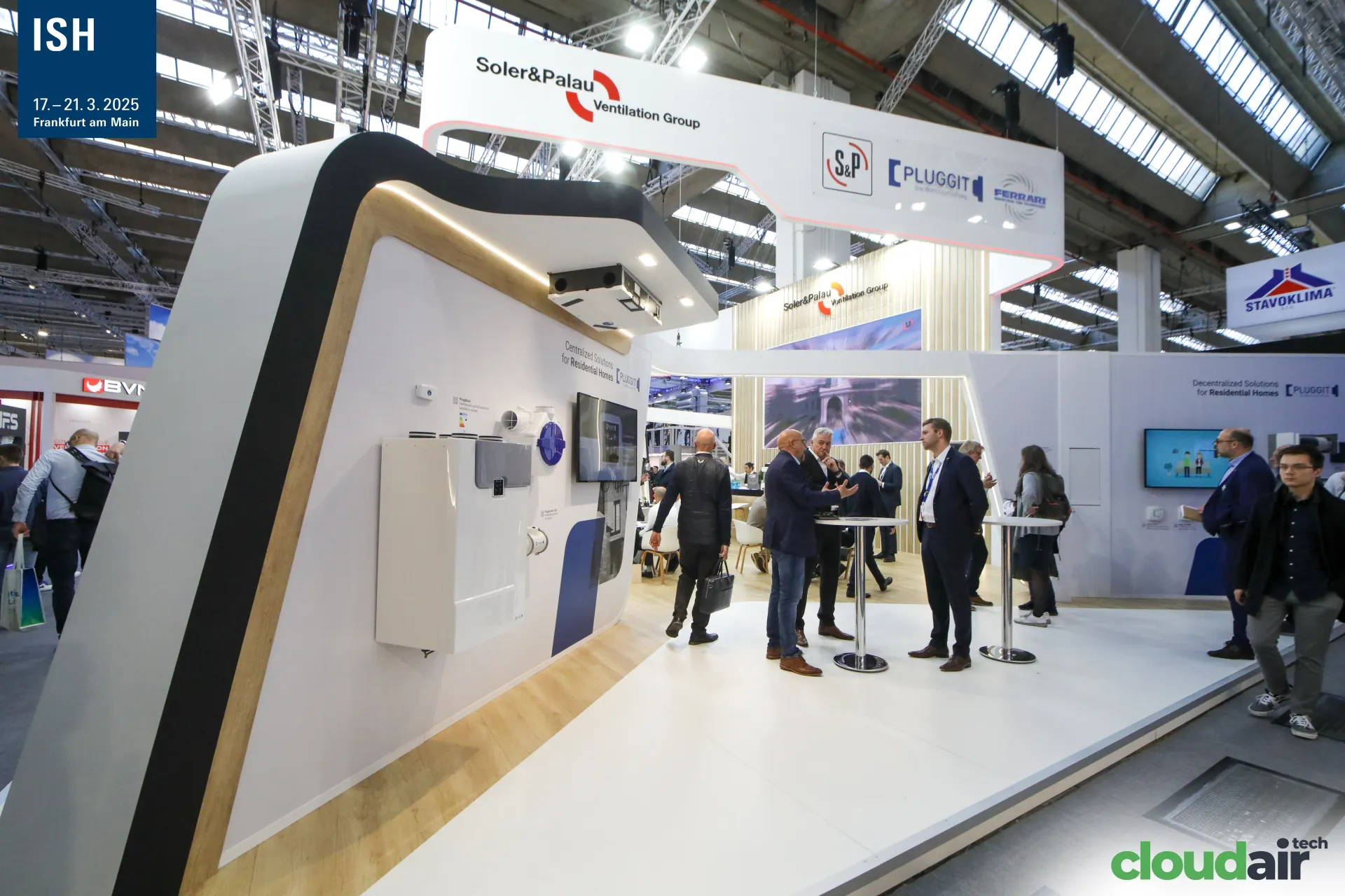 Soler & Palau Ventilation Group stand with S&P, Pluggit and Ferrari logos at ISH 2025