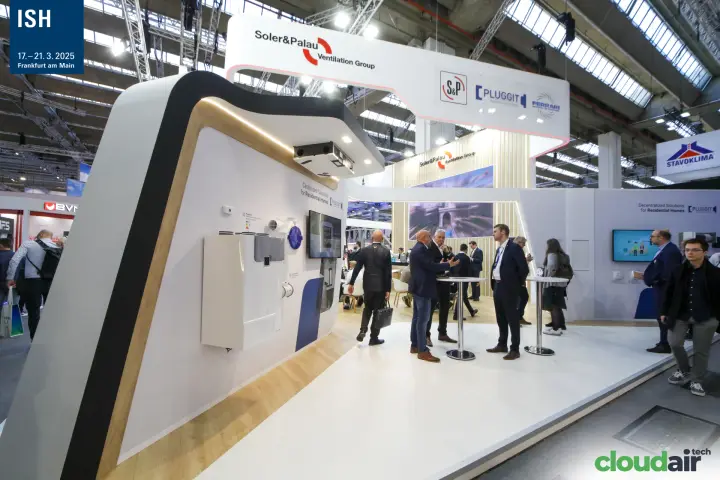 Soler & Palau Ventilation Group stand with S&P, Pluggit and Ferrari logos at ISH 2025