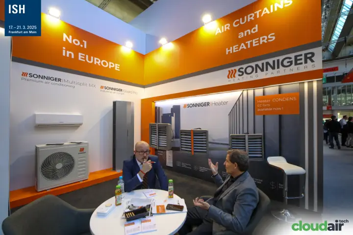 Sonniger corner with split AC, Guard Pro curtain and unit heaters at ISH 2025