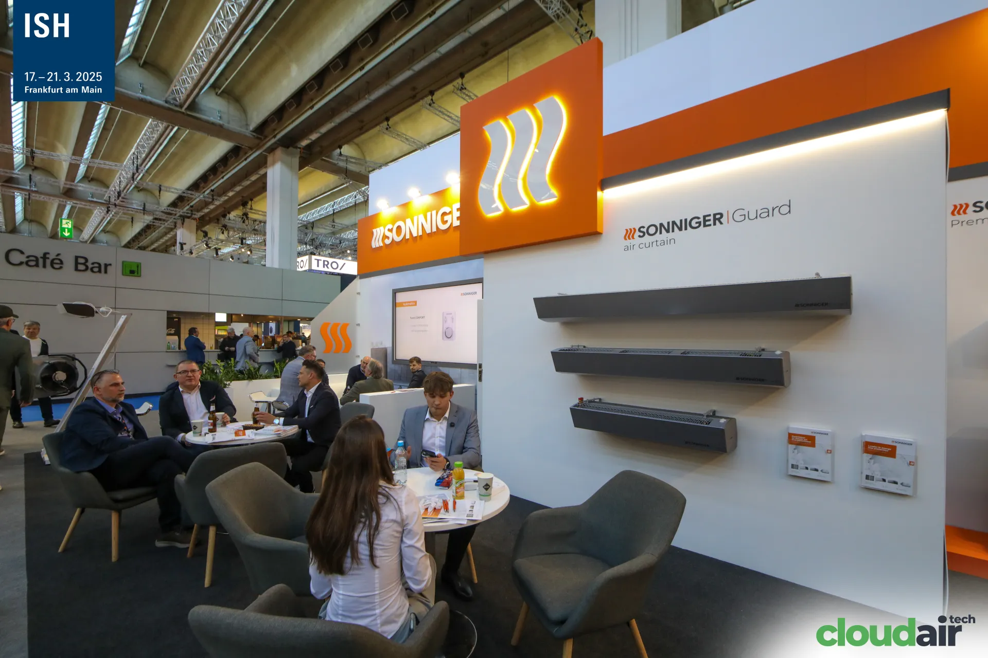 Sonniger Guard air curtains and brochures on a white display wall at ISH 2025