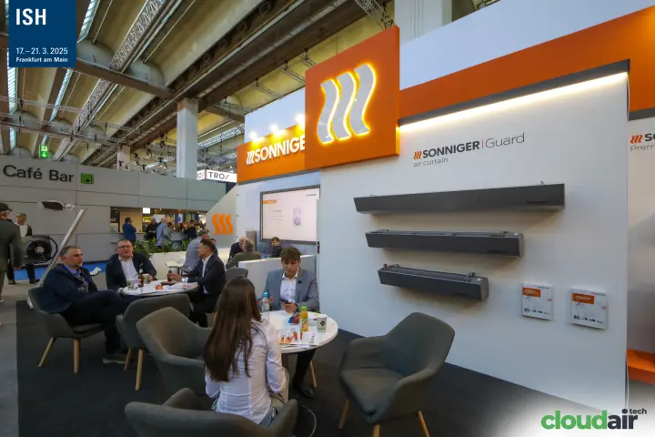 Sonniger Guard air curtains and brochures on a white display wall at ISH 2025