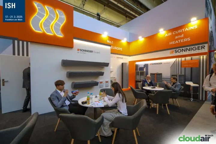 Sonniger Guard air curtains and Heater display under backlit logo at ISH 2025
