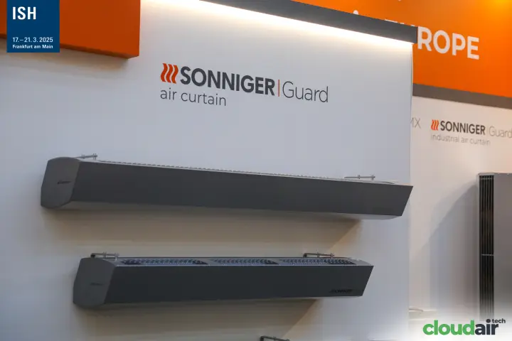 Sonniger Guard air curtains mounted on a white display wall at ISH 2025