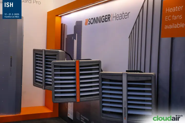 Sonniger Heater unit heaters mounted on an orange-framed wall at ISH 2025
