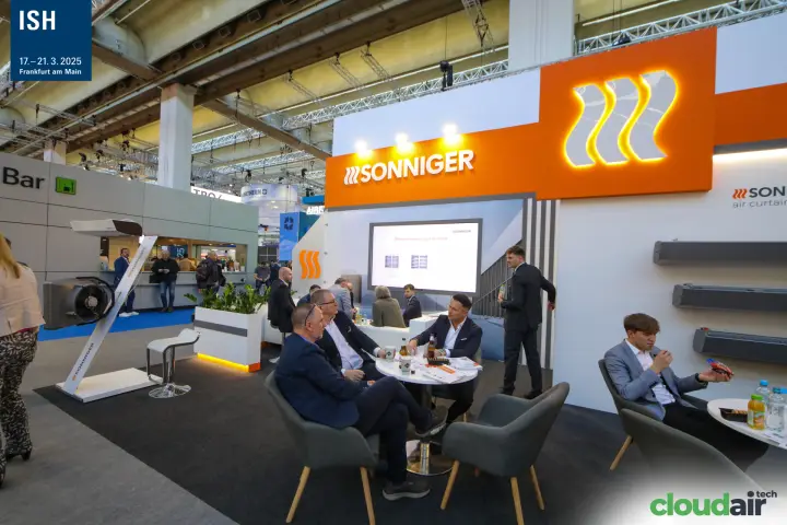 Sonniger meeting tables and air curtains beside the hall café at ISH 2025