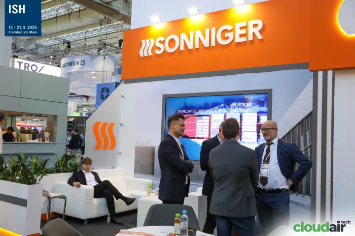 Sonniger stand with logistics screen and white lounge seating at ISH 2025