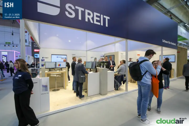 Streit stand with navy fascia and "Software fürs Handwerk" slogan at ISH 2025