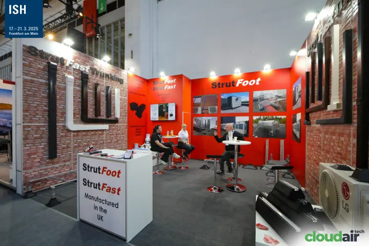 StrutFoot stand with brick-effect walls and StrutFast trunking at ISH 2025