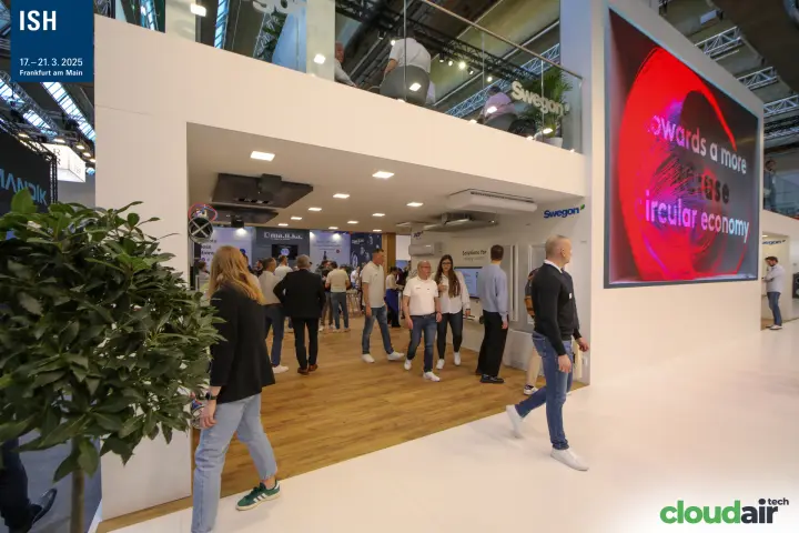 Swegon ground floor with indoor units and "circular economy" LED screen at ISH 2025