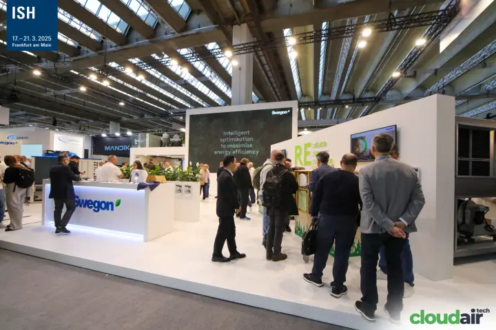 Swegon 'Intelligent optimisation' screen above a busy stand at ISH 2025