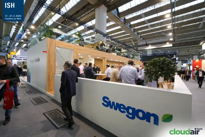 Swegon two-storey stand with a wood-clad bar level at ISH 2025