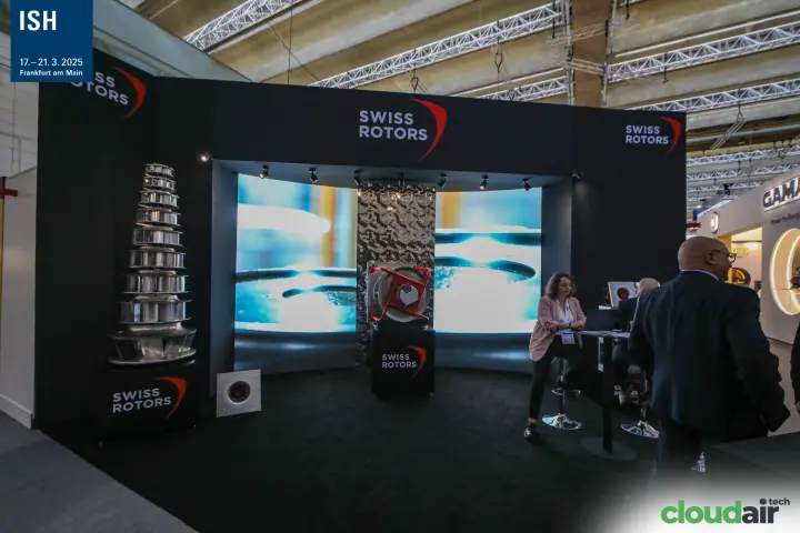 Swiss Rotors black stand with stacked impeller tower and LED wall