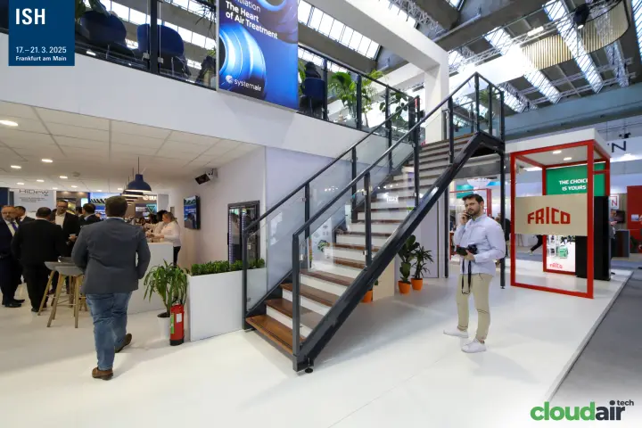 Systemair double-deck stand staircase beside the Frico entrance frame at ISH 2025