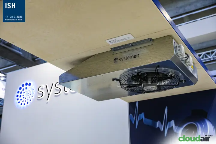 Systemair IV 50 EC unit mounted under a plywood canopy at ISH 2025
