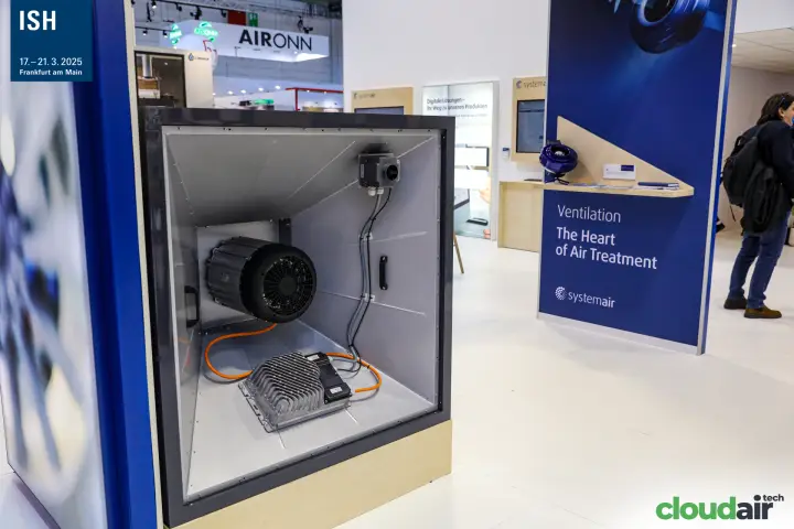 Systemair open fan box showing motor and drive inside at ISH 2025