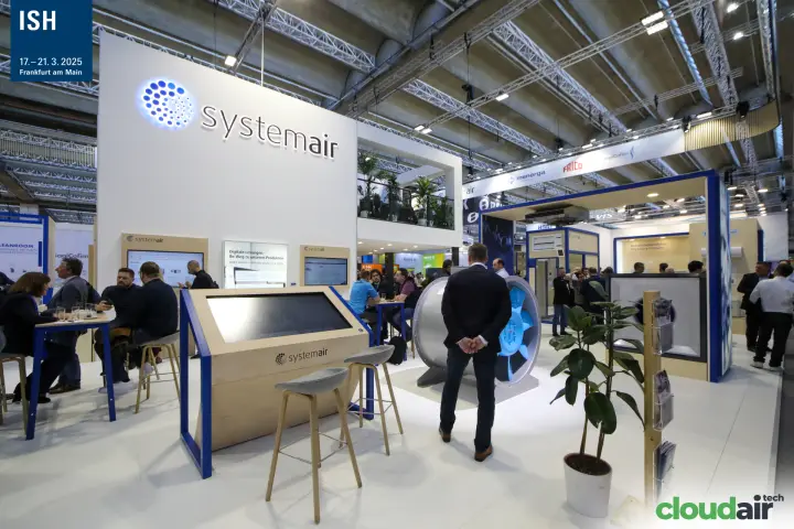 Systemair stand with touchscreen table, meeting area and axial fan at ISH 2025