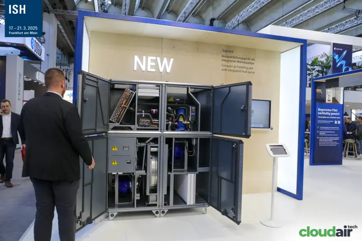 Systemair Topvex compact AHU with integrated heat pump, doors open at ISH 2025