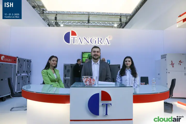 Tangra reception desk with blue and red T logo