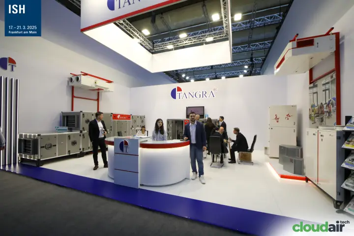 Tangra stand with air handling units and a round reception desk